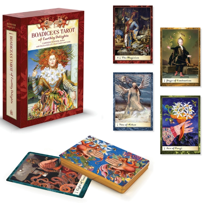 Boadicea’s Tarot of Earthly Delights features Paula Millet’s collage art across 80 cards with reimagined suits. For creative readers drawn to layered visuals.