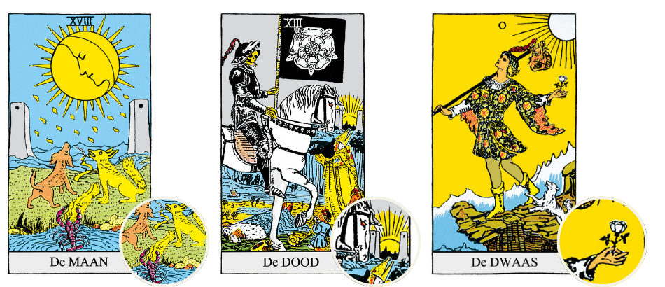 Voorbeelden van Rider Waite tarotkaarten: 3 van Zwaarden, 5 van Pentakels en 10 van Staven