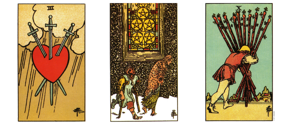 Voorbeelden van Rider Waite tarotkaarten: 3 van Zwaarden, 5 van Pentakels en 10 van Staven